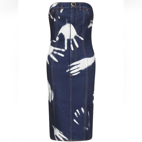 AREA Strapless Denim Dress -Hand Print Indigo Blue - Picture 2 of 10